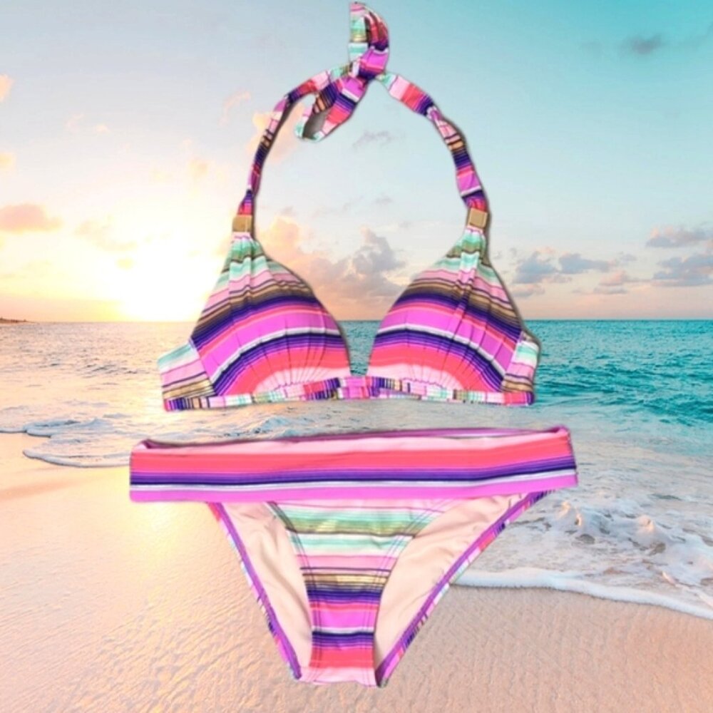 Victorias Secret Bikini Set Striped Wirefree Halter Push Up Metallic Pink Small